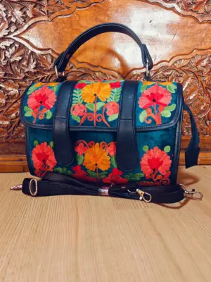 Peacock Blue & Crimson Floral Flap Dholki Handbag - alternate view