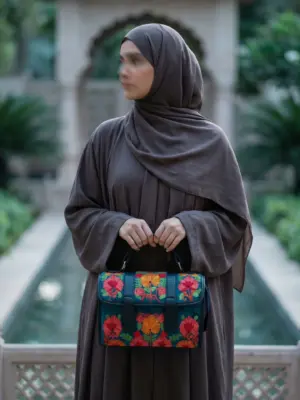 Peacock Blue & Crimson Floral Flap Dholki Handbag Peacock Blue & Crimson Floral Flap Dholki Handbag