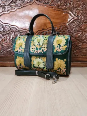 Forest Green & Golden Floral Flap Dholki Handbag - alternate view