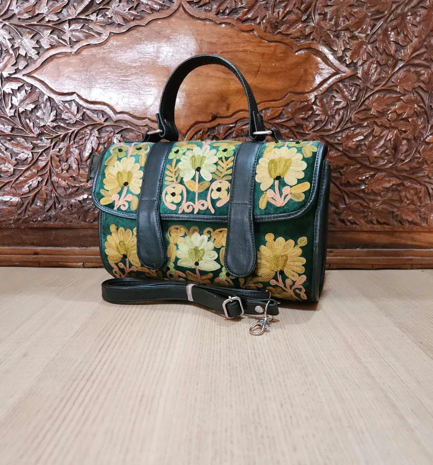 Forest Green & Golden Floral Flap Dholki Handbag