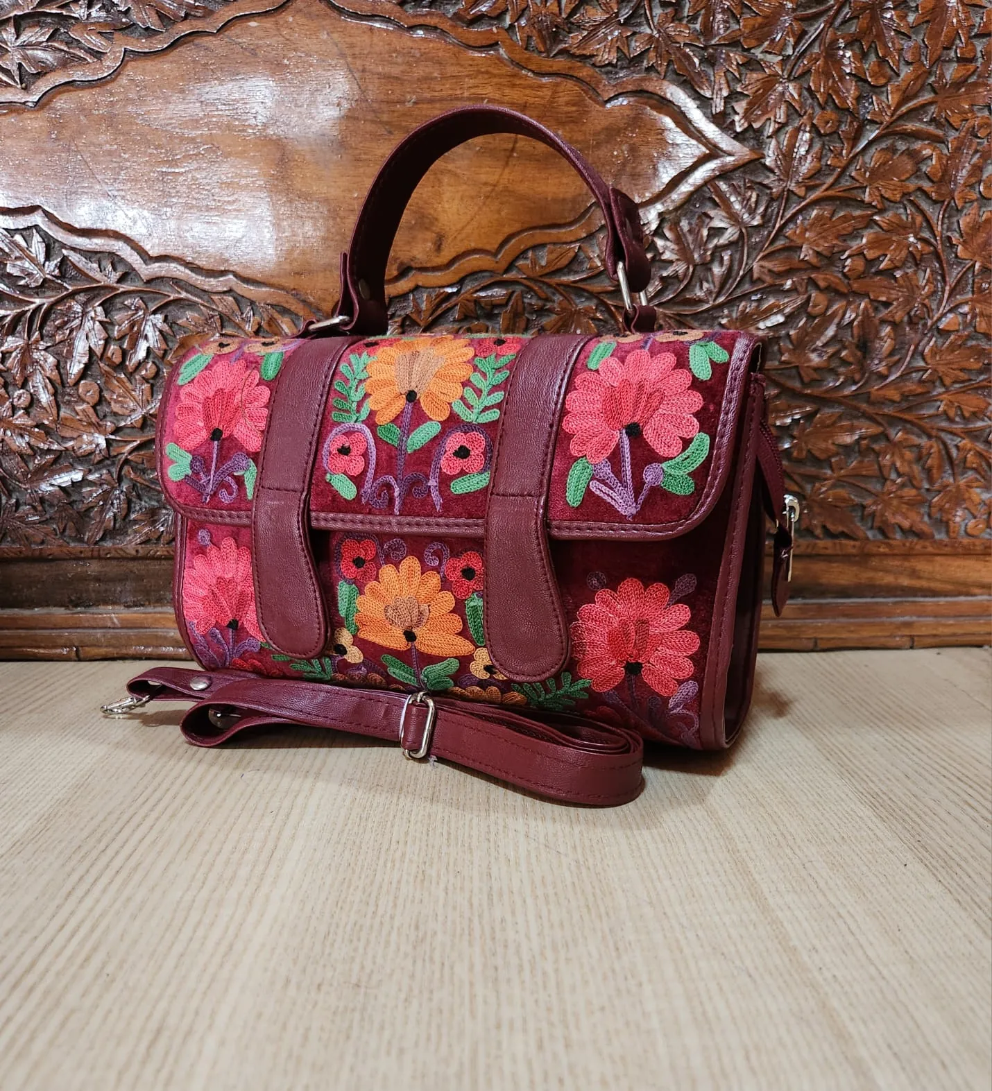 Maroon Floral Dholki Handbag