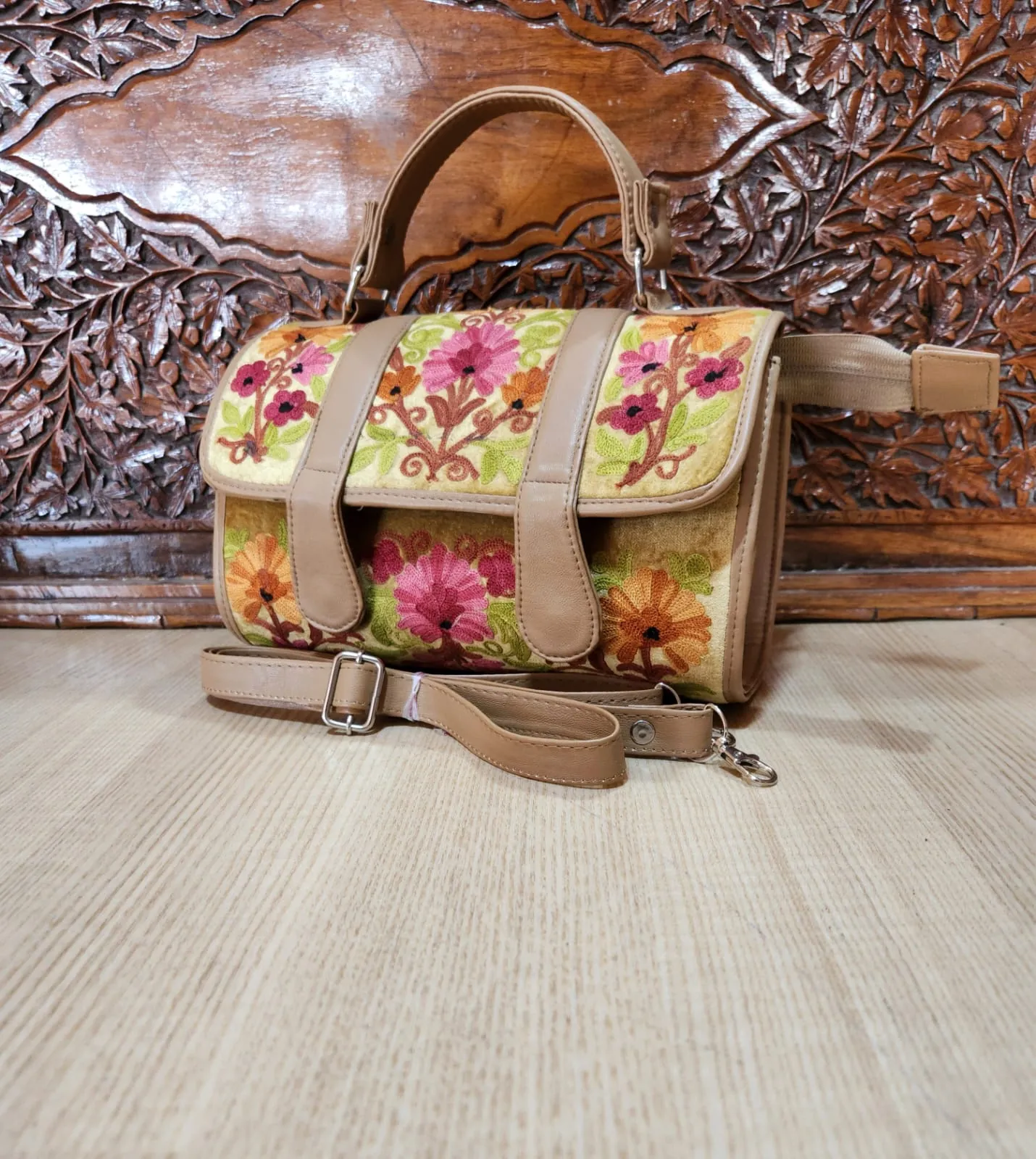 Beige Pink Floral Dholki Handbag