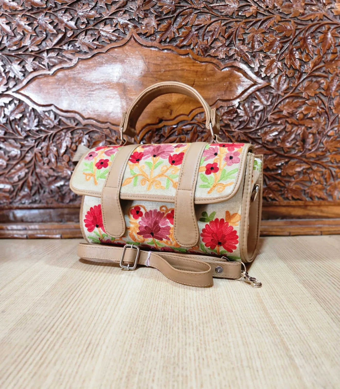 Cream Red Floral Dholki Handbag
