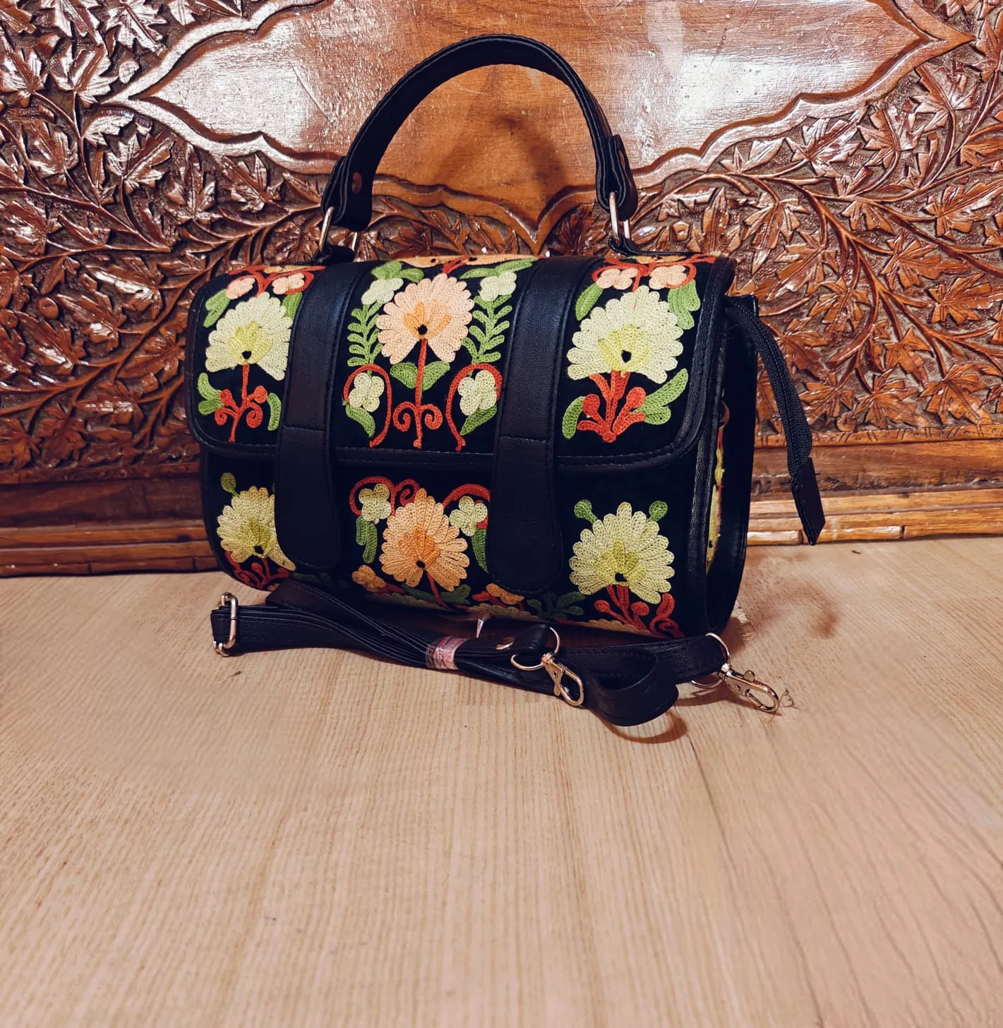 Black Floral Dholki Handbag