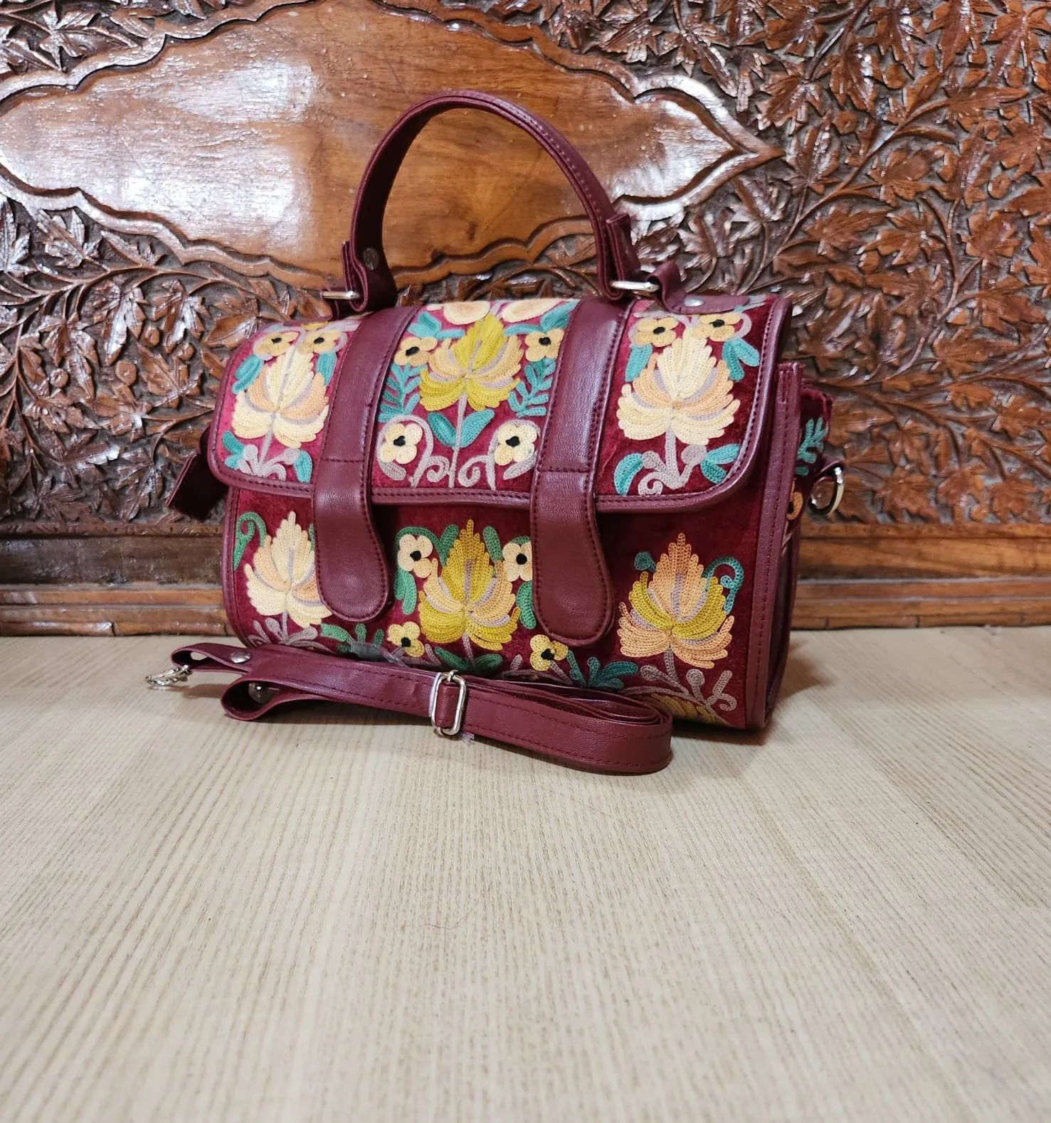 Maroon Floral Dholki Handbag