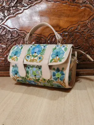 Cream & Blue Floral Dholki Handbag - alternate view