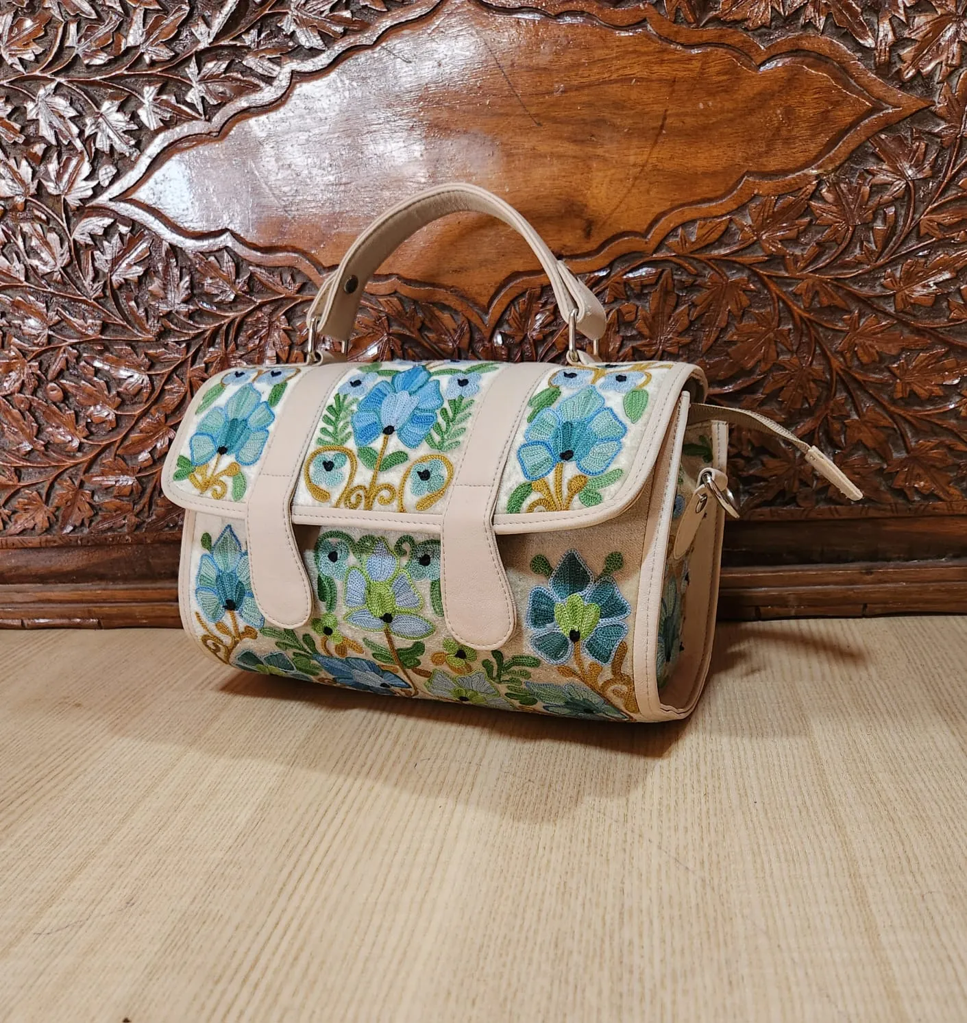Cream & Blue Floral Dholki Handbag Cream & Blue Floral Dholki Handbag