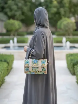 Cream & Blue Floral Dholki Handbag Cream & Blue Floral Dholki Handbag