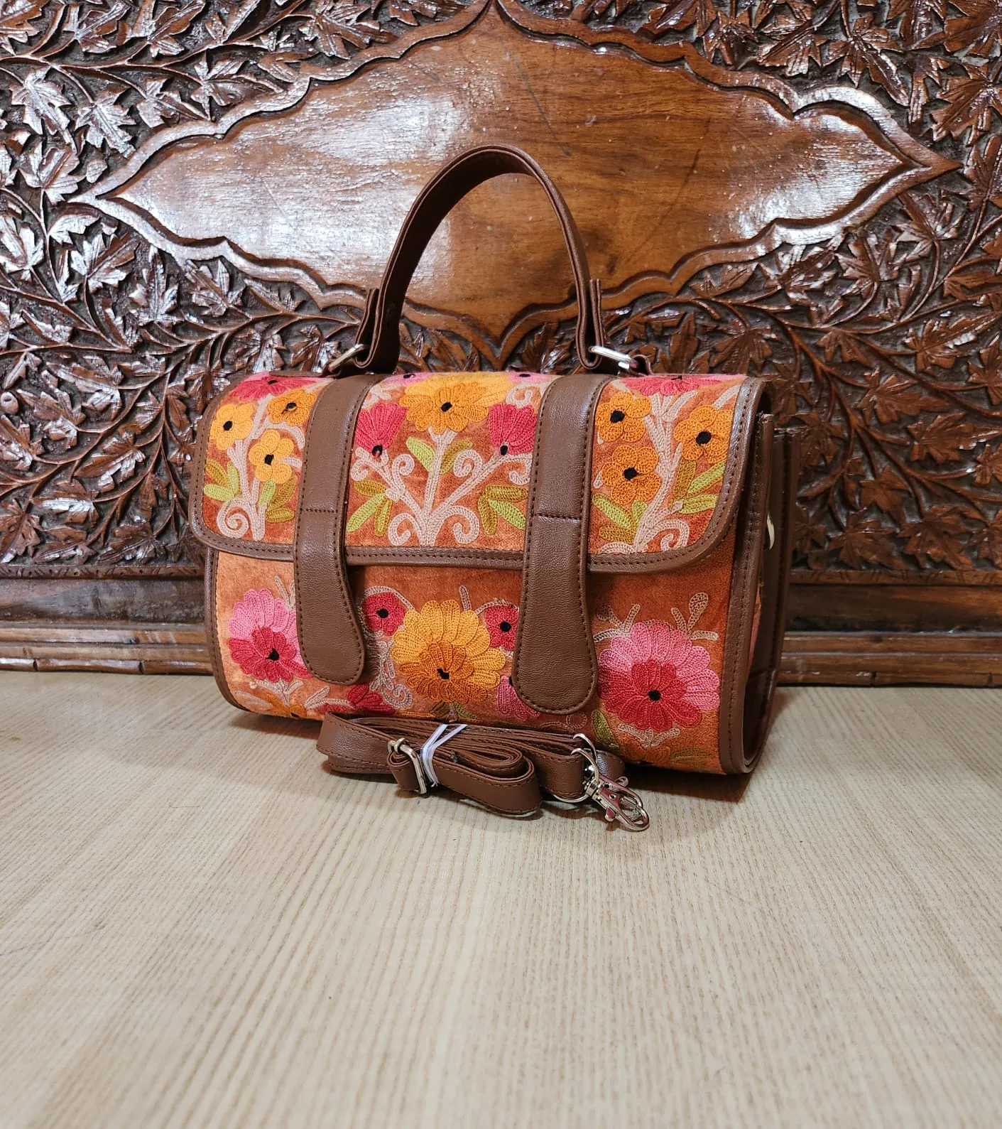 Brown & Orange Floral Dholki Handbag